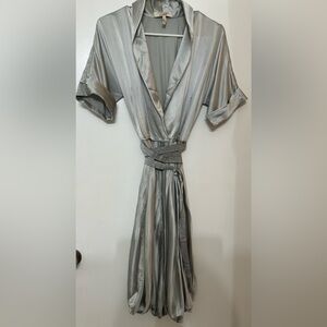 BCBG MaxAzria Runway Silk Dress - Silver Satin - Sz. Small - Belted - Bubble Hem